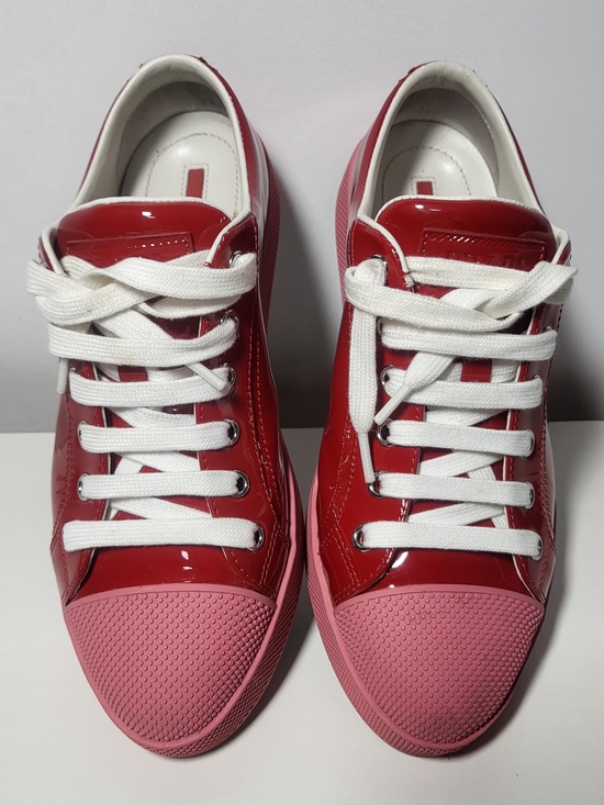 Prada Shoes - Prada Women's Red Patent Sneakers with Pink Toe Cap